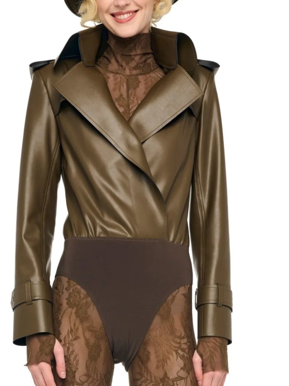 Norma Kamali Bark Double Breasted Trench Bodysuit, XS
